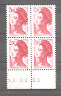 LIBERTE De GANDON - N° 2274 **. 2,00 F. Rouge. Bloc De 4 TP. Daté Du 18.08.83. 8ème Tirage Sur RGR-1. - 1980-1989