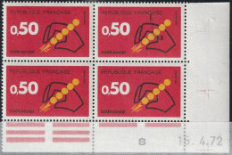 FRANCE 1720 ** MNH Code Postal Bloc De 4 Coin Daté Du 16. 4.72 Avril 1972 - 1970-1979