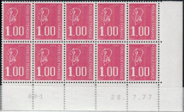 FRANCE 1892 ** MNH Type Marianne De Béquet Bloc De 10 Coin Daté Du 28. 7.77 Juillet 1977 Bas De Feuille - 1970-1979
