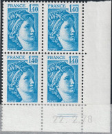 FRANCE 1975 ** MNH Type Sabine De David Bloc De 4 Coin Daté Du 22. 2.78 Février 1978 + 2 Traits - 1970-1979