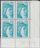 FRANCE 1976 ** MNH Type Sabine De David Bloc De 4 Coin Daté Du 28. 2.79 Février 1979 - 1970-1979