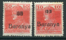 BARANYA Serb Occ. 1919 Overprint On Karl 10f Normal And Serif Date LHM / *.  Michel 35, SG 27, 27b - Baranya