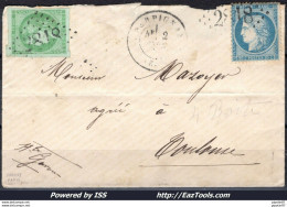 FRANCE N° 37+42 SUR LETTRE DU 02/09/1871 2EME JOUR DU TARIF A VOIR - 1870 Uitgave Van Bordeaux