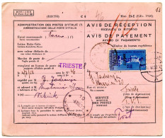 ITALIE - AVIS DE RECEPTION DE TRIESTE POUR VRSNIK, 1950 - Marcophilie
