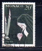 MONACO 1958 CENTENARY OF THE APPARITION VIRGIN MARY AT LOURDES BERNADETTE PRAYING 20fr USED USATO OBLITERE' - Oblitérés