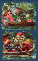 2 Découpis Format 12,5 X 10 Cm. Barque Avec Bouquet De Fleurs Et Oiseau ; Barque Remplie De Fruits. - Blumen