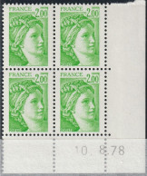 FRANCE 1977 ** MNH Type Sabine De David Bloc De 4 Coin Daté Du 10. 8.78 Février 1978 - 1970-1979