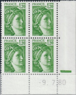 FRANCE 2101 ** MNH Type Sabine De David Bloc De 4 Coin Daté Du -9. 7.80 Juillet 1980 + Repère Vert - 1980-1989