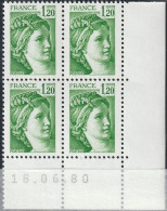 FRANCE 2101 ** MNH Type Sabine De David Bloc De 4 Coin Daté Du 18.06.80 Juin 1980 Variété - 1980-1989