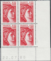 FRANCE 2102 ** MNH Type Sabine De David Bloc De 4 Coin Daté Du 22.07.80 Juillet 1980 Variété - 1980-1989