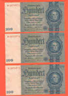 Germany 3 X 100 Reichsmark 1935 J. Liebig Allemagne Swastikain Unpt. At Ctr Consecutive Series Numbers - 100 Reichsmark