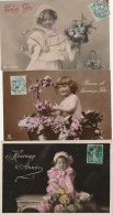 Lot De 3 CPA Fantaisie Fillettes Romantiques Et Fleurs Bonne Fête Et Heureuse Année 1907 - Collezioni E Lotti