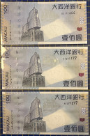 MACAU 2010 X 2 E 2013 X 1 - 100 PATACAS BNU UNC BANK NOTES. LOOK AT THE NUMBERS. - Macao