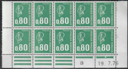 FRANCE 1891 ** MNH Type Marianne De Béquet Bloc De 10 Coin Daté Du 19.7.76 Bas De Feuille - 1970-1979