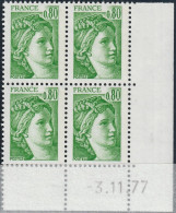 FRANCE 1970 ** MNH Type Sabine De David Bloc De 4 Coin Daté Du 12.12.77 Décembre 1977 - 1970-1979