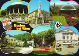 BADEN BEI WIEN, MULTIPLE VIEWS, ARCHITECTURE, PARK, FOUNTAIN, STATUE, EMBLEM, AUSTRIA, POSTCARD - Baden Bei Wien