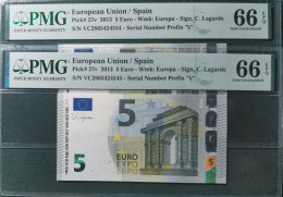 5 EURO SPAIN 2013 LAGARDE V015A1 VC CORRELATIVE COUPLE RADAR 2 SC FDS UNC. PMG 66 / 66 EPQ PERFECT - 5 Euro