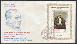 ZYPERN Türk.  Block 2, FDC, 100. Geburtstag Von Atatürk, 1981 - Covers & Documents