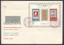 TÜRKEI  Block 20, FDC, 100. Geburtstag Von Atatürk, BALKANFILA VIII, 1981 - Blocks & Sheetlets