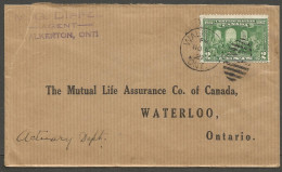 1927 Mutual Life Reply Cover 2c Confederation Duplex Walkerton Ontario - Histoire Postale