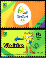Ref. BR-3318A+AD BRAZIL 2015 - OLYMPIC GAMES, RIO 2016,EMBLEM+MASCOT,STAMPS OF 4TH SHEET,MNH, SPORTS 2V Sc# 3318A+AD - Sommer 2016: Rio De Janeiro