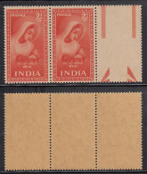 Centre Gutter Tab Pair, India MNH 1952, Saints & Poets Series, 2as Meera Bai, Women, Poet, Hinduism, - Unused Stamps