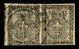 Antichi Stati Italiani - Parma - 1852 - 5 Cent (1b - Verdino) - Coppia Orizzontale (disallineata) Usata A Borgotaro - St - Autres & Non Classés