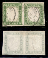 Antichi Stati Italiani - Sardegna - 1859 - 5 Cent (13Be - Verde Giallo/stampa Difettosa) - Coppia Orizzontale Usata A Ni - Autres & Non Classés