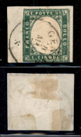 Antichi Stati Italiani - Sardegna - 1857 - 5 Cent (13d - Verde Smeraldo Chiaro) Usato Su Frammento - Corto In Alto A Sin - Altri & Non Classificati