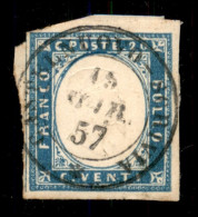 Antichi Stati Italiani - Sardegna - 1855 - 20 Cent (15h - Celeste Vivace) Usato A Castelnuovo Scrivia Su Frammento - Altri & Non Classificati