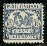 Regno - Servizi - 1928 - 10 Cent Recapito Autorizzato (1) - Gomma Integra - Autres & Non Classés