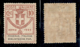 Regno - Enti Parastatali - 1924 - 10 Cent Biblioteche Pop. (34) - Gomma Integra - Ottimamente Centrato (150) - Andere & Zonder Classificatie