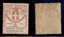 Regno - Enti Parastatali - 1924 - 10 Cent Biblioteche Pop (34b) Senza Punto Dopo P - Gomma Originale Con Invisibile Trac - Other & Unclassified