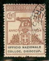 Regno - Enti Parastatali - 1924 - 30 Cent Ufficio Nazionale Colloc. Disoccup. (65) - Usato - Autres & Non Classés