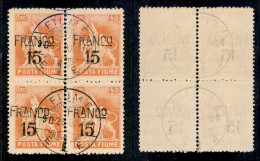 Occupazioni I Guerra Mondiale - Fiume - 1919 - Franco 15 Su 45 Cent (D79) - Quartina Usata - Soprastampa Obliqua In Bass - Otros & Sin Clasificación