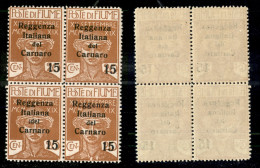 Occupazioni I Guerra Mondiale - Fiume - 1920 - 15 Cent Su 20 Carnaro (136) In Quartina - Gomma Integra (200) - Other & Unclassified