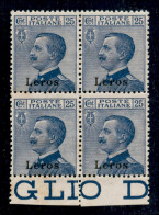 Colonie - Egeo - Lero - 1912 - Quartina Del 25 Cent Michetti (5) - Bordo Foglio - Gomma Integra (1100) - Autres & Non Classés