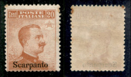 Colonie - Egeo - Scarpanto - 1917 - 20 Cent Michetti (9) - Gomma Originale Con Invisibile Traccia Di Linguella - Due Pun - Sonstige & Ohne Zuordnung