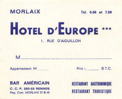 Morlaix * Hôtel De L'Europe 1 Rue D'aiguillon Bar Américain * Carte De Visite Ancienne - Morlaix