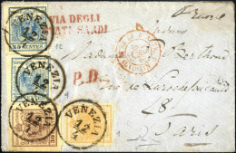 Cover 1856, Lettera Da Venezia Del 12.4 Per Parigi (Francia) Affrancatura Tricolore Con 5 C. Giallo Ocra (piega Original - Lombardy-Venetia