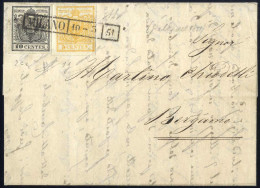 Cover 1851, Lettera Da Milano Del 10.5 Per Bergamo, Affrancata Con 5 C. Giallo Arancio E 10 C. Grigio Nero I Tipo Carta  - Lombardo-Vénétie