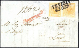 Cover 1853, Lettera Raccomandata Da Venezia Del 23.1 Per Città Affrancata Con Due 5 C. Giallo Arancio I Tipo Carta A Man - Lombardo-Veneto