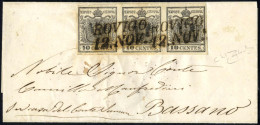 Cover 1850, Lettera Da Rovigo Del 12.11 Per Bassano Affrancata Con Striscia Di Tre Del 10 C. Nero Carta A Mano Due Sotto - Lombardije-Venetië