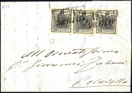 Cover 1856, Lettera Da Treviso Del 28.6 Per Perarollo Affrancata Con Tre 10 C. Nero Intenso Carta A Mano, Cert. Enzo Die - Lombardo-Vénétie