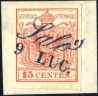 Piece 1850, Salò, (Cor. Azzurro Punti 12) Frammento Del 9.7.1850 Affrancato Con 15 C. Rosso I Tipo Prima Tiratura Carta  - Lombardo-Venetien