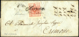 Cover 1850, Sarnico, (Cor. Punti 10) Lettera Del 18.7.1850 Per Cremona Affrancata Con 15 C. Rosso I Tipo Prima Tiratura  - Lombardy-Venetia