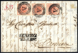 Cover 1851, Venezia, (M Punti 8), Lettera Del 23.1.1851 Per Brescia Affrancata Con Striscia Verticale Di Tre 15 C. Rosso - Lombardo-Venetien