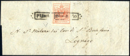 Cover 1850, Lettera Da Padova (R50 Punti 5) Del 20.8 Per Legnago Affrancata Con 15 C. Rosso I Tipo Prima Tiratura Carta  - Lombardo-Vénétie