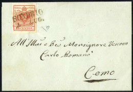 Cover 1850, Lettera Da Sondrio Del 4.7 Per Como Affrancata Con 15 C. Rosso I Tipo Prima Tiratura Carta A Mano, Firmata E - Lombardo-Vénétie