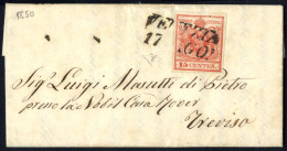 Cover 1850, Lettera Da Venezia Del 17.8 Per Padova Affrancata Con 15 C. Rosso I Tipo Prima Tiratura Carta A Mano, Firmat - Lombardy-Venetia